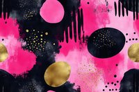 Abstract watercolor pattern with vibrant pink, black, and gold elements featuring organic shapes, drips, and speckles on textured background.