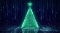 Digital Christmas tree made of glowing green binary code on dark cyber grid background for holiday technology concepts and futuristic seasonal designs.