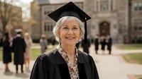 Senior Caucasian woman in graduation cap and gown smiling proudly at university campus ceremony. Mature student achievement and lifelong learning concept.