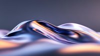 Smooth metallic waves with copper and blue gradient reflections create abstract flowing landscape on dark background, modern minimalist design element.