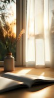 Sunlit window scene with white curtains, open book and ceramic vase containing dried pampas grass, creating peaceful morning atmosphere on wooden windowsill.