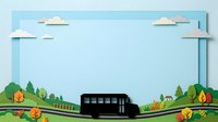 Papercut style landscape with black bus traveling through rolling hills, colorful autumn trees, and fluffy clouds in blue sky, suitable for transportation, travel, and children's educational materials.