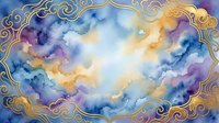 Watercolor clouds in ornate golden frame with purple blue orange hues for luxury invitation cards wedding stationery decorative border design elements.