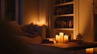 Cozy living room interior with warm candlelight creating ambient atmosphere, comfortable sofa and bookshelf in background for home decor and relaxation concepts.