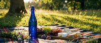 Outdoor picnic setup with blue bottle, fresh fruits and cheese on wooden board over checkered blanket in sunny park setting for leisure dining.