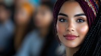 Young Middle Eastern woman wearing traditional burgundy turban with decorative trim smiles confidently at camera, showcasing natural glowing makeup and box braids hairstyle.