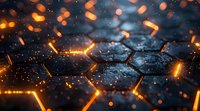 Futuristic hexagonal surface with glowing orange light emanating from cracks, creating a dramatic technological atmosphere against dark background.