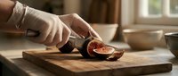 Fresh figs being sliced on wooden cutting board in bright kitchen, ideal for food styling, culinary blogs, and recipe content.