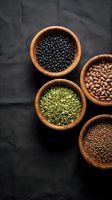 Assorted legumes and pulses in wooden bowls on dark slate background, including black beans, peas, lentils and chickpeas for cooking and nutrition.