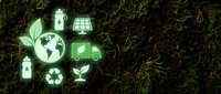 Glowing green environmental icons arranged on moss-covered ground representing sustainability, renewable energy, and eco-friendly practices for conservation and green technology concepts.