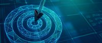 Digital target with arrow hitting bullseye center on blue technology background with geometric network patterns for business success concepts.