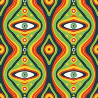 Psychedelic seamless pattern with mystical eyes in vibrant green, orange and black. Retro 60s style geometric waves create hypnotic repeating design for fabric and wallpaper.