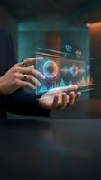 Man in business suit holding holographic tablet displaying audio waveforms, music analytics, and frequency data with glowing interface elements for technology and music production concepts.