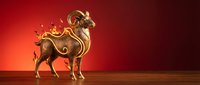 Golden ornate ram sculpture with decorative swirls on wooden surface against red gradient background for luxury design projects and zodiac themes.