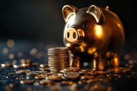 Golden piggy bank with stacked coins on dark background with bokeh lights, symbolizing wealth management, savings and financial planning concept.
