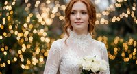 Young redhead bride in elegant lace wedding dress holding white rose bouquet against golden bokeh lights background for romantic ceremony celebration.