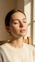 Young woman with East Asian ethnicity, eyes closed in peaceful expression, wearing cream-colored sweater. Natural sunlight illuminates her face. Suitable for wellness, skincare, mindfulness, and beauty campaigns.