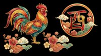 Rooster with Chinese character and floral elements isolated on transparent background, ready for t-shirt design, clipart, stickers, sublimation, and print-on-demand products.