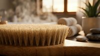 Natural bristle cleaning brush on wooden surface in warm sunlit bathroom interior with spa stones and plants for eco-friendly household maintenance.
