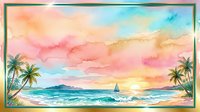 Tropical beach sunset with sailboat, palm trees, and vibrant pink, orange, and blue watercolor sky. Serene coastal landscape artwork for wall decor and travel themes.