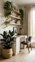 Modern home office workspace with floating wooden shelves, trailing plants, white desk and wooden chair in bright natural light interior design.