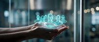 Hands holding glowing digital human icons representing social network, teamwork and community connection in modern business environment.