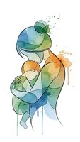 Watercolor mother holding baby in tender embrace with colorful paint splashes on white background for motherhood designs.
