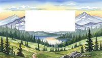 Mountain landscape with blank white banner for text overlay, scenic valley view with lake, forest and hiking trail at sunset.