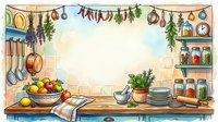 Watercolor cozy kitchen interior with herbs, spices, fruits, and utensils, featuring copy space for text or design elements.