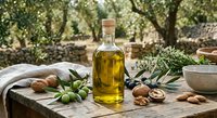 Extra virgin olive oil bottle with fresh olives, walnuts and herbs on rustic wooden table in Mediterranean garden setting for culinary and cooking concepts.