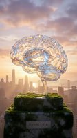 Transparent glass brain sculpture on moss-covered pedestal against city skyline at sunset representing artificial intelligence and future technology.