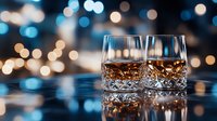 Two glasses of whiskey with ice on reflective surface against blurred bokeh lights, suitable for beverage, lifestyle and hospitality marketing materials.
