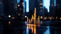 Glowing financial chart bars rising on reflective surface against blurred urban nightscape with bokeh lights, representing market growth and success in business.