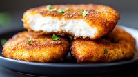 Golden crispy fish cakes with flaky white meat inside, garnished with fresh herbs on dark plate. Close-up view shows crunchy breaded exterior and tender interior.
