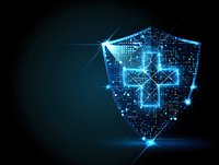 Glowing digital shield with blue particles and cross symbol on dark background, representing cybersecurity, data protection, and network safety for tech and security applications.