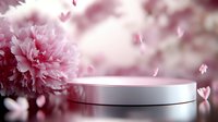 Pink floral display podium with falling petals and soft bokeh lighting for cosmetic product presentation and romantic spring marketing campaigns.