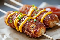 Grilled meat skewers drizzled with yellow sauce and garnished with fresh chopped herbs on brown paper, close-up view showing juicy texture and caramelized surface.