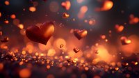 Romantic glowing hearts floating in warm golden bokeh light with sparkling particles creating magical atmosphere for Valentine's Day celebrations.