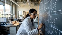 Asian female scientist in white lab coat writing mathematical equations and diagrams on blackboard in modern research laboratory workspace.