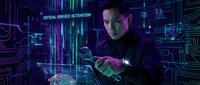 Young Asian male cybersecurity expert analyzing data on futuristic holographic interface with neon circuit patterns in dark digital environment for tech presentations.