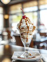 Vanilla ice cream sundae with whipped cream, caramel sauce and cherry in glass cup at cafe restaurant for dessert menu and food photography.