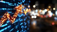 Glowing upward arrow with digital numbers and bokeh lights on dark background shows market growth and financial success in stock trading analysis.