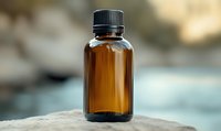 Brown glass bottle with black screw cap standing on stone surface against blurred natural background, suitable for essential oils, medicine, or cosmetic products packaging.