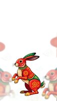 Festive rabbit with traditional red and gold ornamental patterns standing upright on white background for Chinese New Year celebrations and holiday designs.