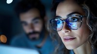 Young Caucasian woman wearing stylish glasses working late at night on computer with male colleague in background, modern office technology workspace.