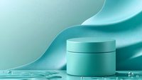 Minimalist turquoise cosmetic jar with water drops on mint background featuring elegant waves and reflective surface for luxury skincare product presentation.