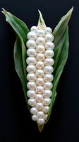 Corn cob composed of lustrous pearls with green husks on dark background, symbolizing luxury, agriculture, and creative conceptual design.
