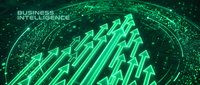 Glowing green upward arrows on digital circuit background with business intelligence text, representing growth, data analytics, and financial success for corporate presentations.