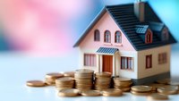 Miniature house model with stacks of gold coins against blurred pastel background, representing real estate investment, mortgage, and property finance concepts.