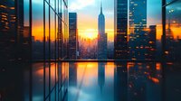 Stunning urban skyline at golden hour with iconic skyscraper reflected in still water, perfect for business, travel, and architectural design projects.